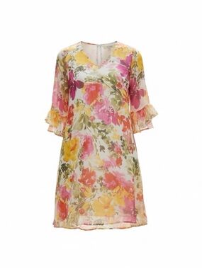 Calvin Klein Floral Bell Sleeve Chiffon V-Neck Shift Dress NWT Size 10